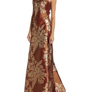 Rene Ruiz collection Strapless Applique Brocade Gown